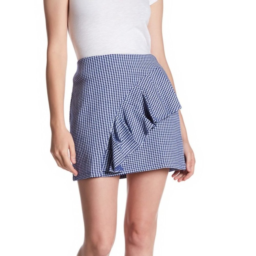 NWT TOPSHOP Gingham Blue White Ruffled Across Front Mini Skirt Size 8